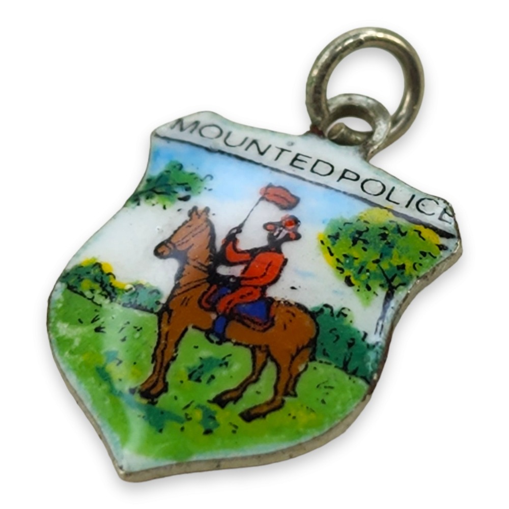 Tiny Vintage Silver Tone Enameled Mounted Police Charm